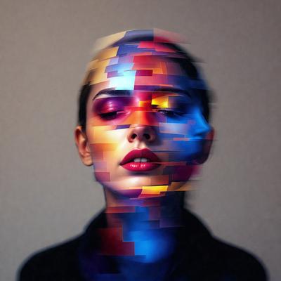The primary subject of the image is a woman with a colorful and artistic makeup design. She is wearing a black shirt and has a blue and red color scheme on her face. The setting is a close-up of her face, and the visual style appears to be a combination of a photo and digital art. The colors and mood of the image are vibrant and lively, with the woman's makeup creating a striking and eye-catching appearance.